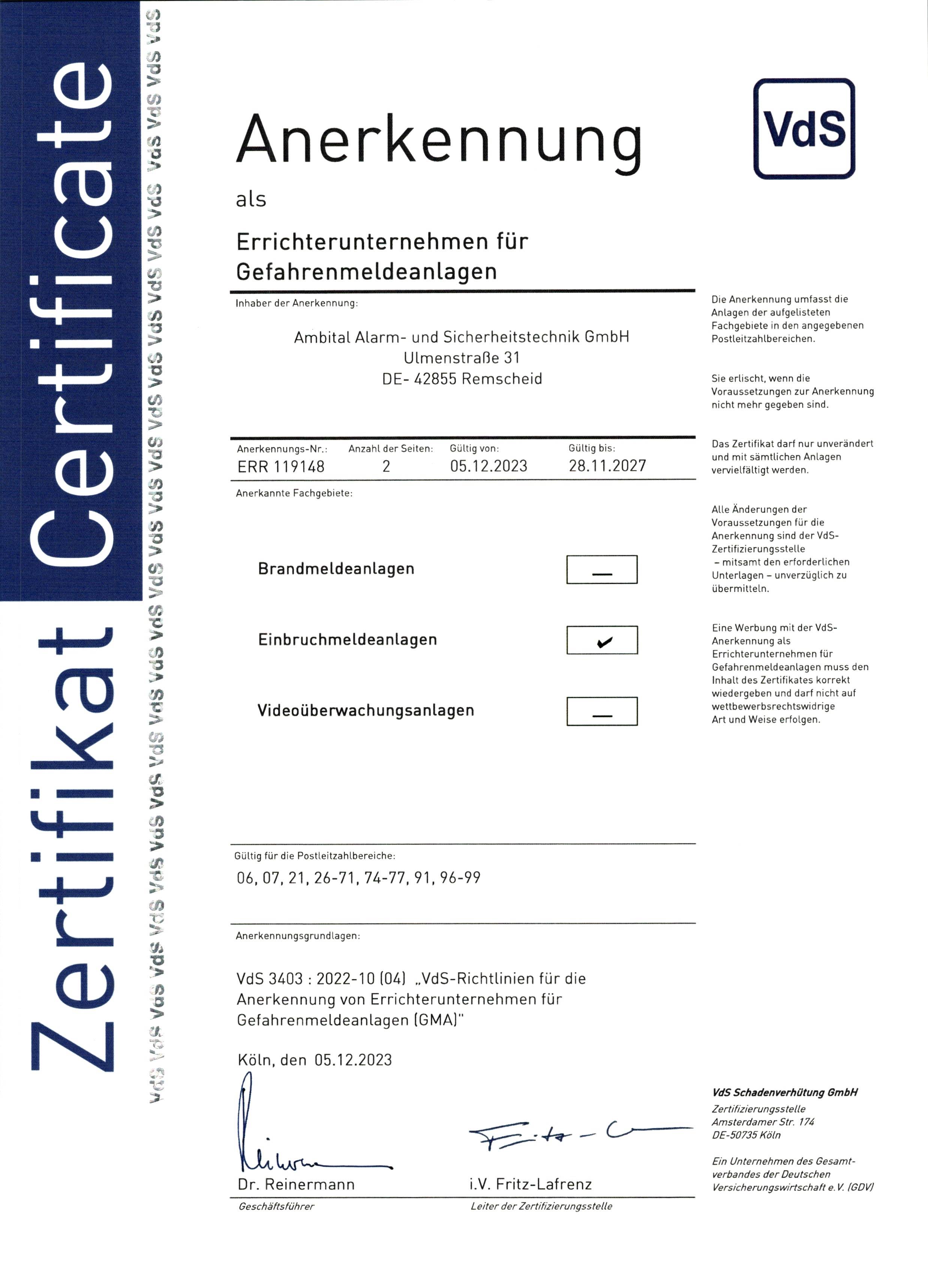 VdS Anerkennung als Errichterunternehmen Zertifikat